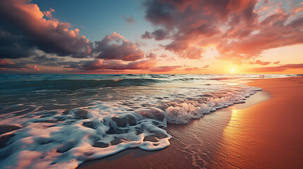 Sea sunset soft blurred background, ocean sunrise, tropical island beach dawn, dark blue water waves splash, ripple texture - obrazy, fototapety, plakaty