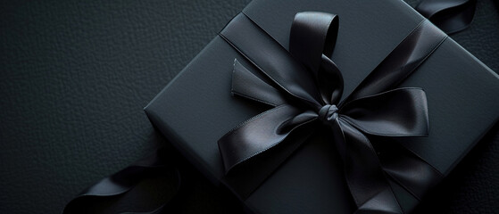 Image of a Part of Luxury gift box with black bow on black, empty copy space