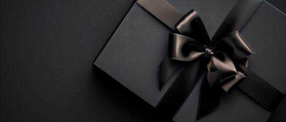 Image of a Part of Luxury gift box with black bow on black, empty copy space - obrazy, fototapety, plakaty