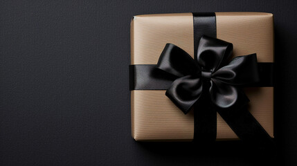 Image of a Part of Luxury gift box with black bow on black, empty copy space