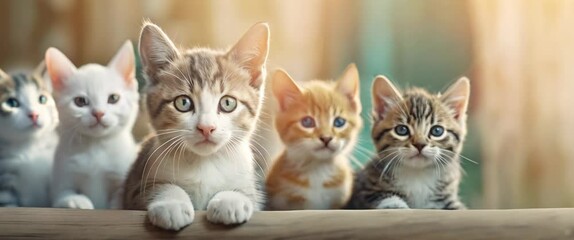Adorable kittens sitting on a wooden surface looking curious. Many cats gathered together waiting for food. Panorama with copy space.