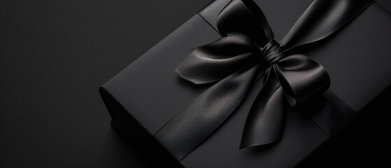 Image of a Part of Luxury gift box with black bow on black, empty copy space