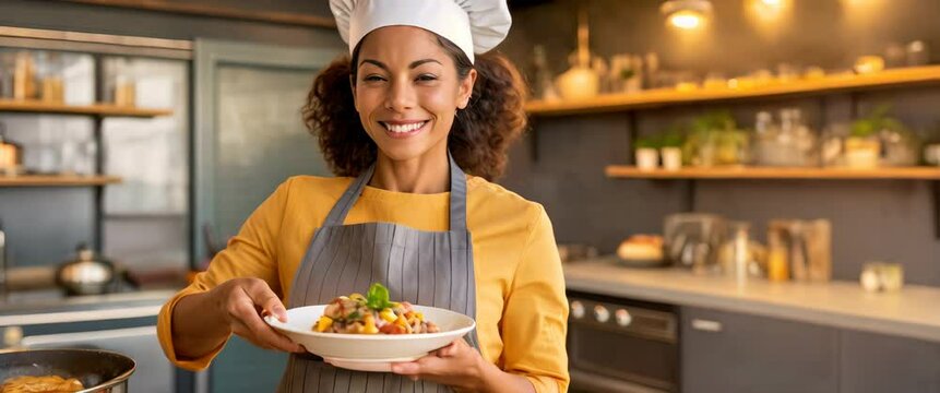 Chef Presenting a Dish with Pride in a Modern Kitchen. A smiling inteupreneur mixed race woman professional presents a salad , exemplifying culinary skill and passion. Panorama with copy space.