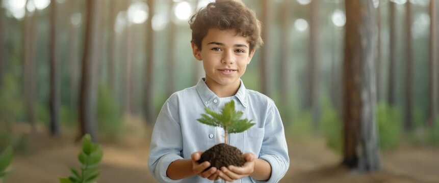 Young boy in a forest nurturing a young pine tree In a soft-focus forest, a smiling male carefully holding sapling with a clump of soil, symbolizing growth and care.