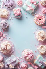 Pink and blue pastel birthday background with a cakes and copy space. AI generative