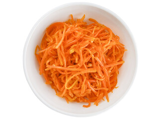 Bowl with grated carrots in Korean isolated on a transparent background. Top view.