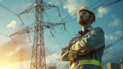 Portrait handsome An engineer wearing a suit and white safety helmet stands with his arms crossed, inspects a High voltage electric tower and electrical plant with, a clear sky with a few clouds,