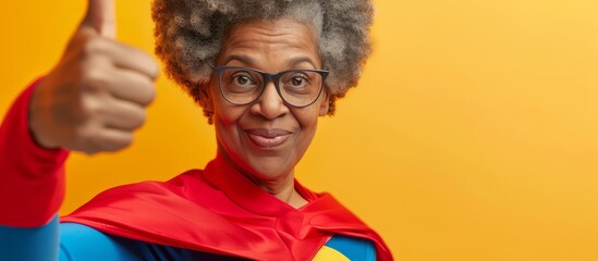 A happy elderly woman in a superhero costume, wearing glasses and a smile, gives a thumbs up gesture, promoting vision care and eyewear.