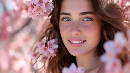 Fototapeta premium Her eyes sparkle with delight as she stands amid cherry blossoms