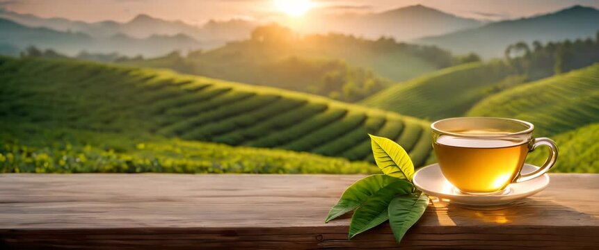 A steaming cup of tea with green leaves on a wooden surface with a scenic tea plantation at sunrise. Panorama with copy space. Banner.