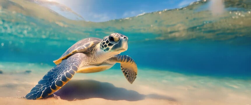Sea turtle swimming near the ocean's surface. Underwater view of reptile glides in clear waters beneath the waves with the seabed in the background. Panorama with copy space.