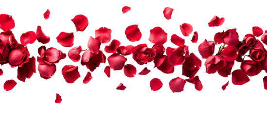 strip of scattered red rose petals, isolated on transparent background