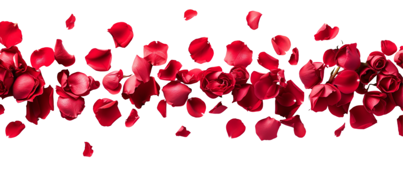 strip of scattered red rose petals, isolated on transparent background