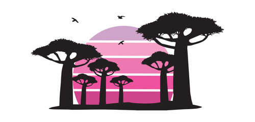 silhouette of african landscape with baobab trees and pink sun vector