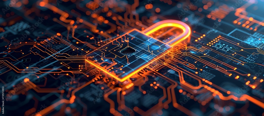 Poster glowing padlock on circuit board, symbolizing cybersecurity. data protection concept in digital age.