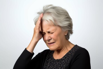 a elderly adult woman with migraine headache holding her head having pain. isolated on white background. studio photo. --ar 3:2 Job ID: cea1f201-fe6a-4d76-b2a3-89e13f953cbc