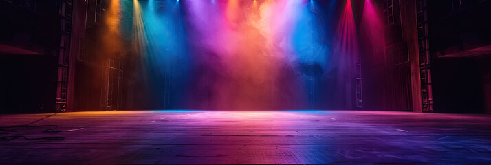 Free stage with lights and smoke, Empty stage with colorful spotlights, conser, show, party, Presentation concept. multi color spotlight strike on black backgroun, rainbow,purple red, blue, green
