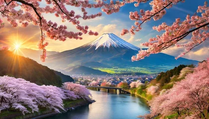 Tuinposter 富士山の見える桜の山 © 美沙 近藤