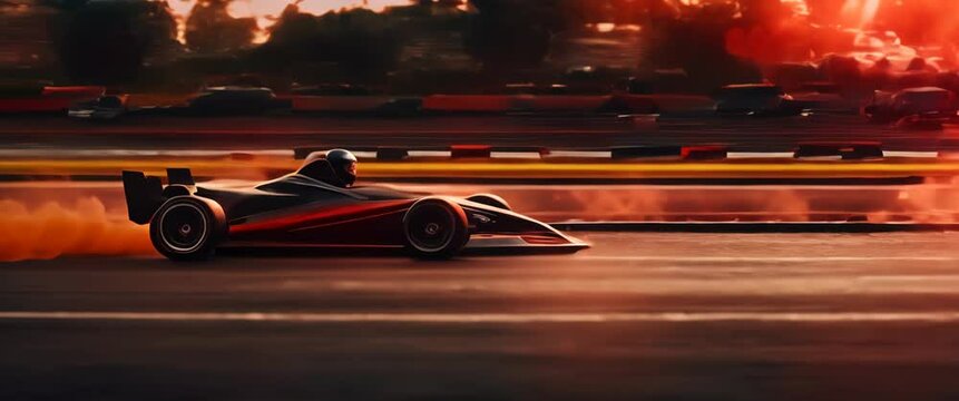 Racing car speeding on a track at sunset. A high-speed Formula one, dynamic motion effects capturing the intensity of a championship race. Panorama with copy space.