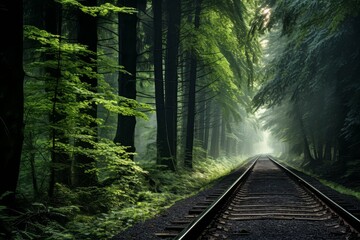 It describes a forest shrouded by fog, and the trees are green, track photography, painted, UHD, HDR --ar 3:2 Job ID: 507285e2-a13d-4103-b585-6e6b3a1cd68b