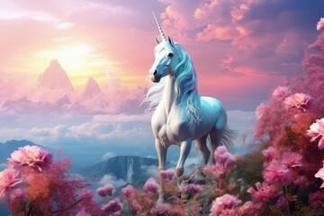 Obraz na płótnie Canvas Magic unicorn in fantastic world with fluffy clouds and fairy meadows. Neural network --ar 3:2 Job ID: 07f25ebc-5032-437e-91a2-58161d99b619