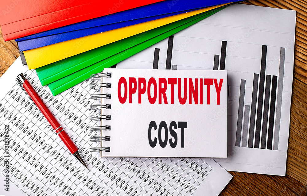 Poster opportunity cost text on a notebook with pen, folder on a chart background