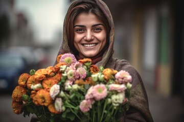 shot of a woman holding up a bunch of flowers smiling at the camera