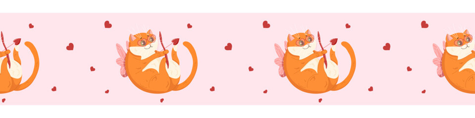 Vector masking tapes with oranges cats. Seamless border with valentine's day design.  Pink pattern background with hearts.