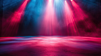 Free stage with lights and smoke, Empty stage with red and pink spotlights, conser, show, party, Presentation concept. Red and pink spotlight strike on black background	

