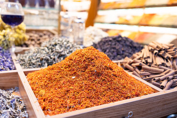Close-up, colorful spices and sweets in the bazaar in Istanbul. Eastern, traditional, local. Many...