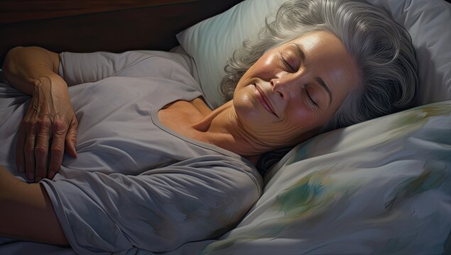 Serenity graces the scene as an older woman lies peacefully asleep in bed, her grey hair gently splayed out on the pillow, a portrait of quiet rest and tranquility.