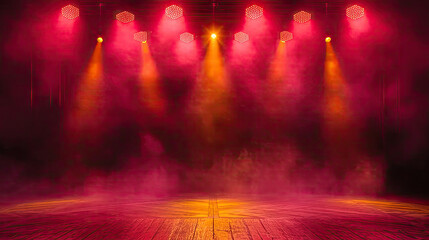 Free stage with lights and smoke, Empty stage with red and yellow spotlights, conser, show, party, Presentation concept.  red and yellow spotlight strike on black background