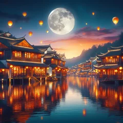 Tuinposter Chinese lake village with beautiful traditional houses decorated for the Chinese Lantern Festival © homan