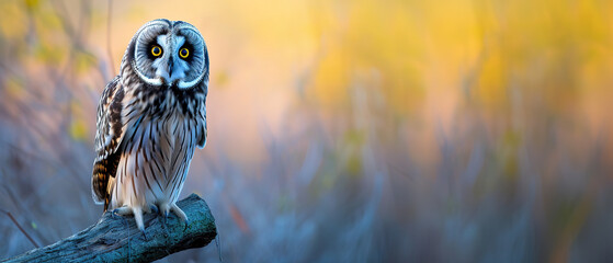Banner of a short eared owl on blured nature background, with empty copy space
