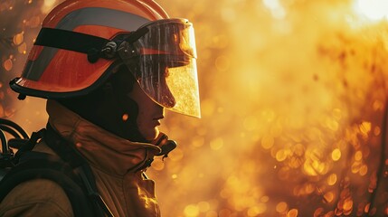 A firefighter in protective gear stands against a vivid backdrop of flames, embodying courage and urgency. This image serves well for safety campaigns or educational materials on firefighting. - obrazy, fototapety, plakaty