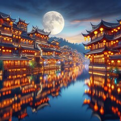 Obraz premium Chinese lake village with beautiful traditional houses decorated for the Chinese Lantern Festival