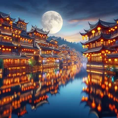 Fototapeten Chinese lake village with beautiful traditional houses decorated for the Chinese Lantern Festival © homan