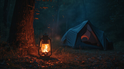 A dark and silent night, a lamp near a tree and a brightly shining lantern in a tent
