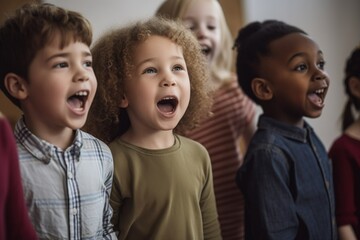 shot of young children singing together during a music lesson - obrazy, fototapety, plakaty