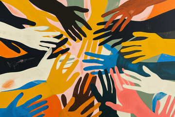 an illustration of diverse hands together - obrazy, fototapety, plakaty