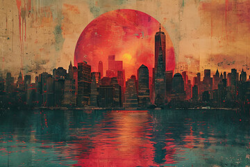 Surreal collage of cityscapes and nature, vibrant colors, album cover art