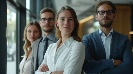 Obraz premium Dynamic Business Team Men and Women in Professional Attire Forming a Cohesive Group Portrait