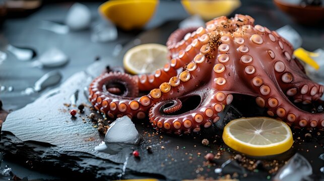 Fresh octopus on a dark slate with lemon and spices. culinary seafood delicacy. close-up shot of tentacles. ideal for culinary and gourmet themes. AI
