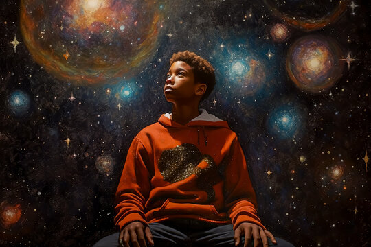 A boy in an orange hoodie is sitting in front of a painting of a galaxy