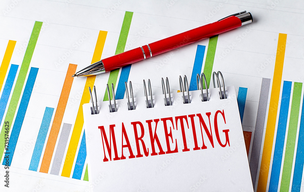 Poster marketing text on a notebook with chart and pen business concept