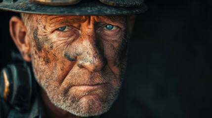 Closeup shot of old miner, face illuminated in the golden hour