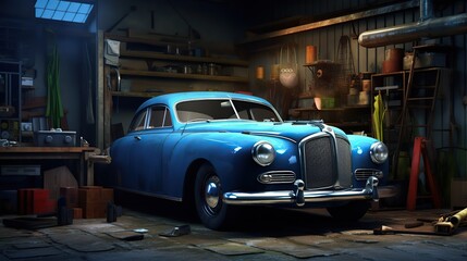Obraz premium Retro Vintage Old Blue Car in Garage