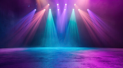 Free stage with lights and smoke, Empty stage with red and greenspotlights, conser, show, party, Presentation concept. multi color spotlight strike on black backgroun,

