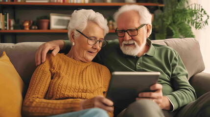 Elderly couple using a tablet on a couch