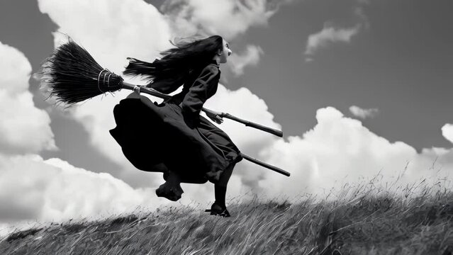 A witch in black silhouette riding a broom, flying through a cloudy sky. The image is mystical yet powerful.
